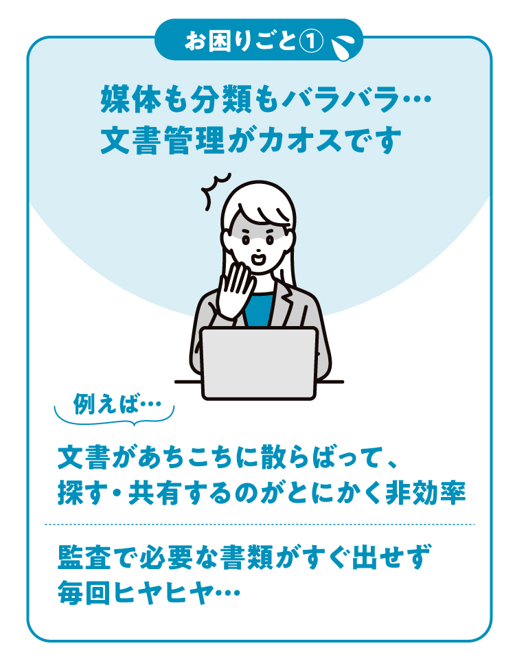 お困りごと1「媒体も分類もバラバラ…文書管理がカオスです」